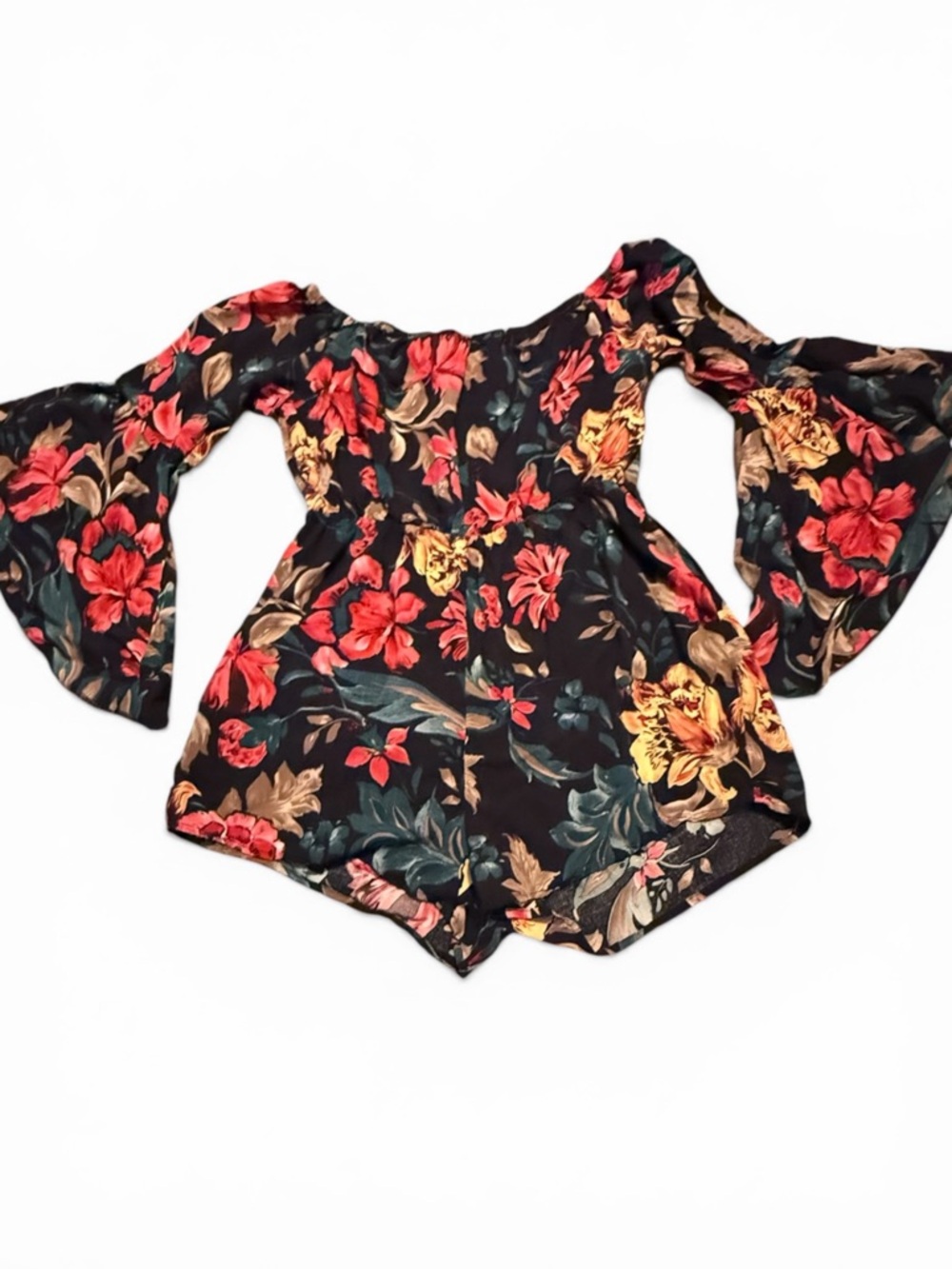 Black Floral Off-Shoulder Romper with Bell Sleeves